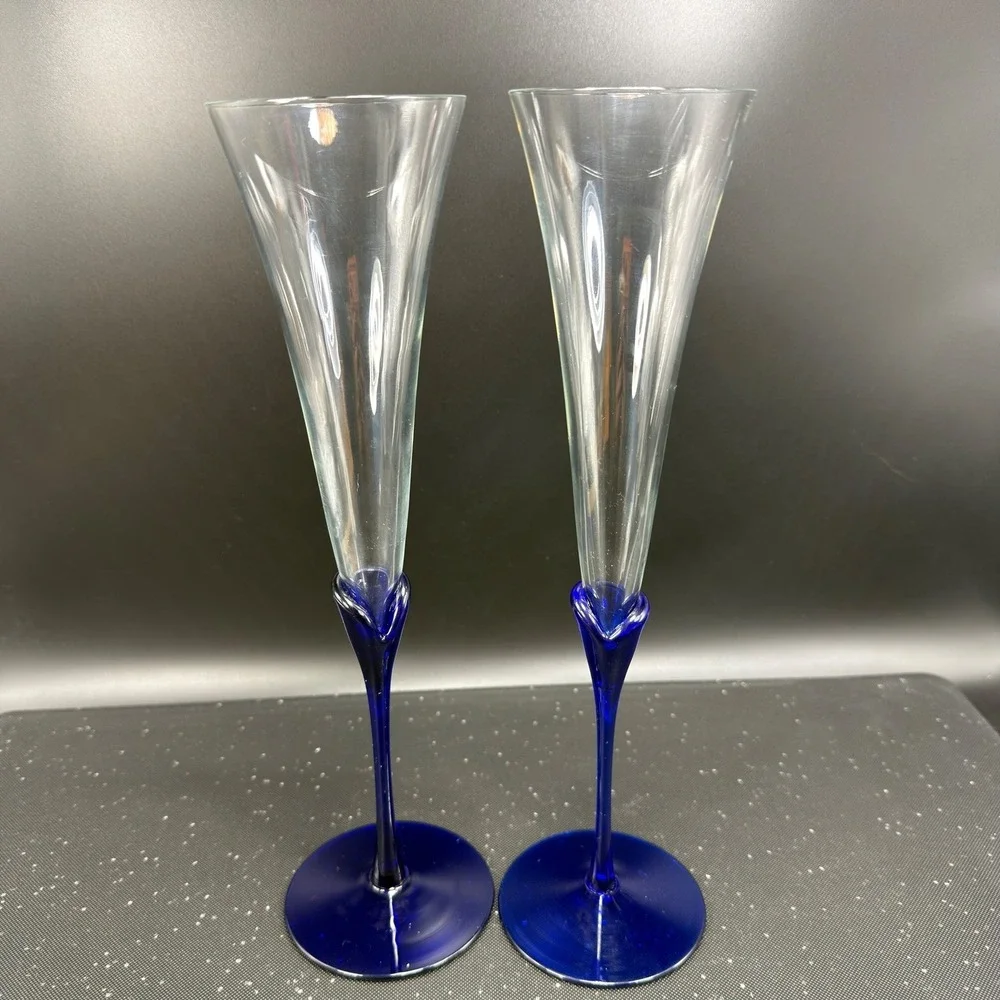 Colony Glass Cobalt Blue Stem Champagne Flutes‎ Set of 2 Glasses 11 Inch Clear